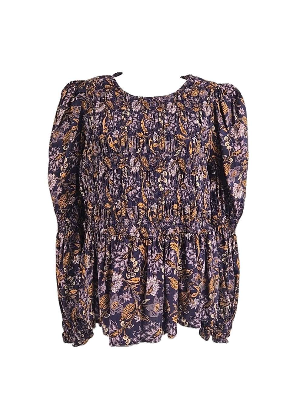 Universal Thread Womens Smocked Long Sleeve Purple Floral Peplum Shirt Size M